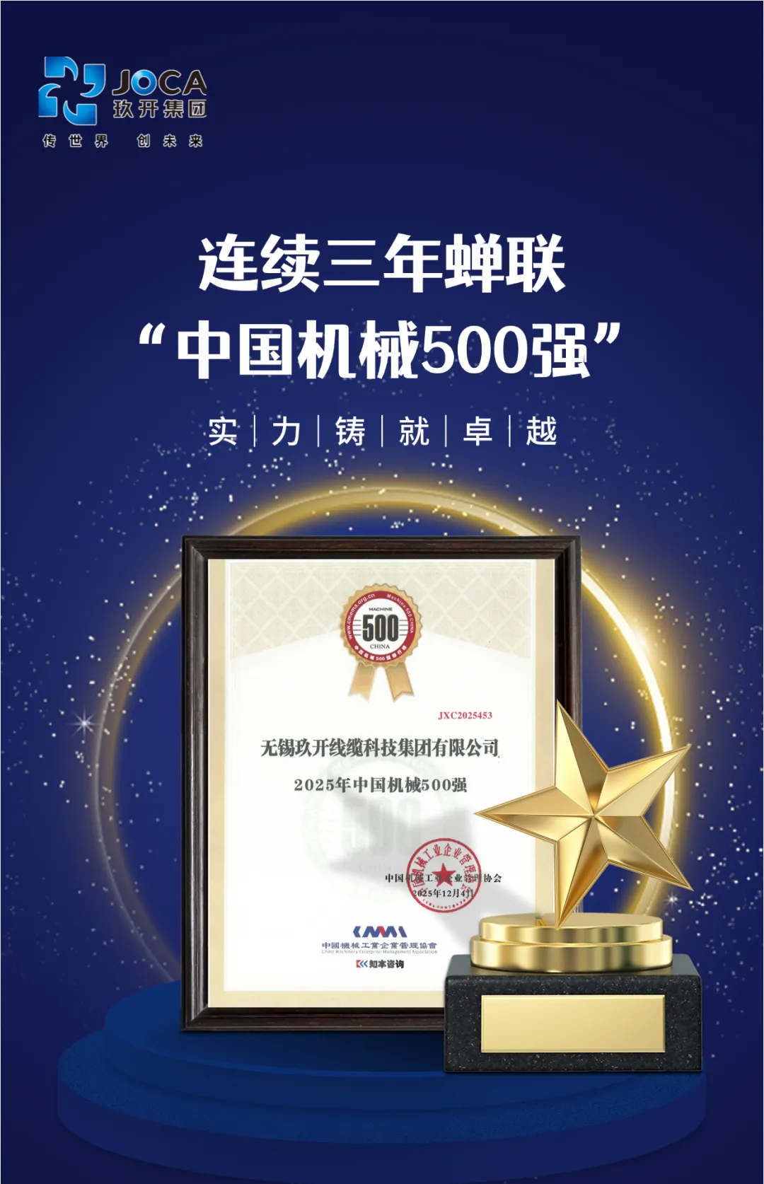 玖開集團連續三年榮登“中國機械500強” 綜合實力再獲權威認可